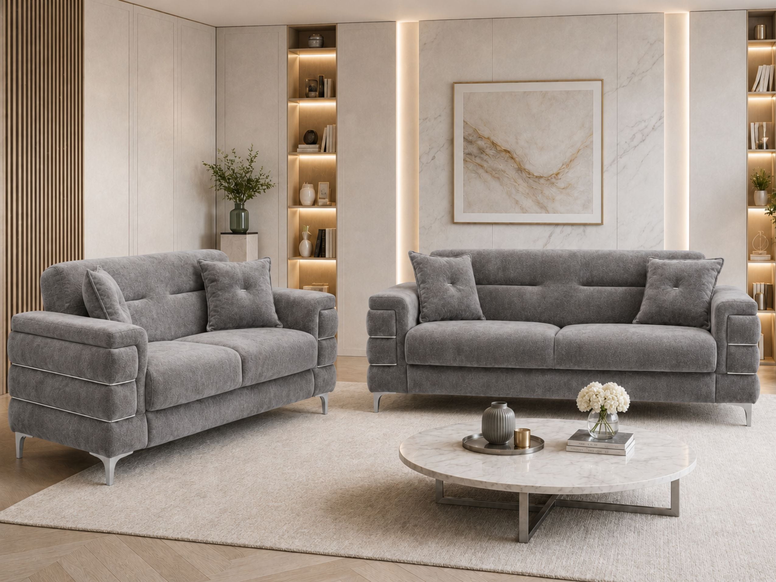 Grey Plush Velvet 3 Seater and 2 Seater Sofa Set – Modern Living Room Sofas UK