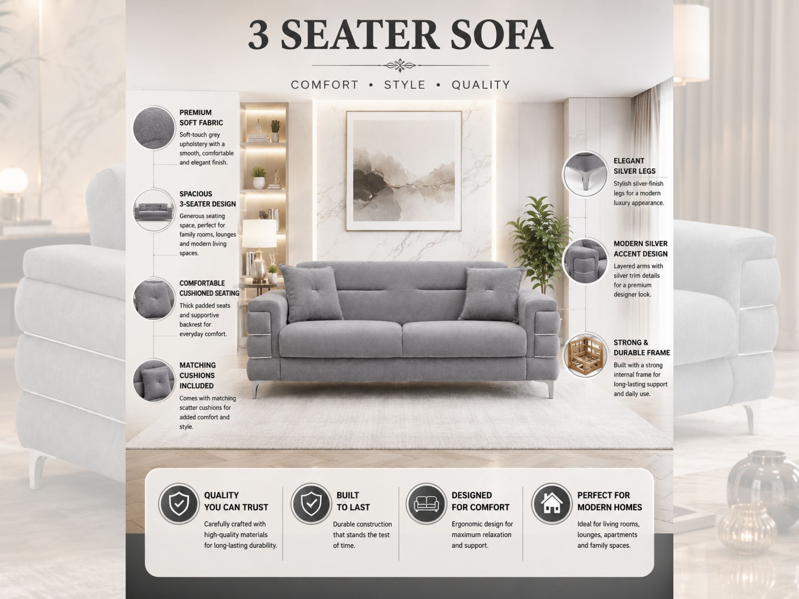 Grey Plush Velvet 3 Seater and 2 Seater Sofa Set – Modern Living Room Sofas UK