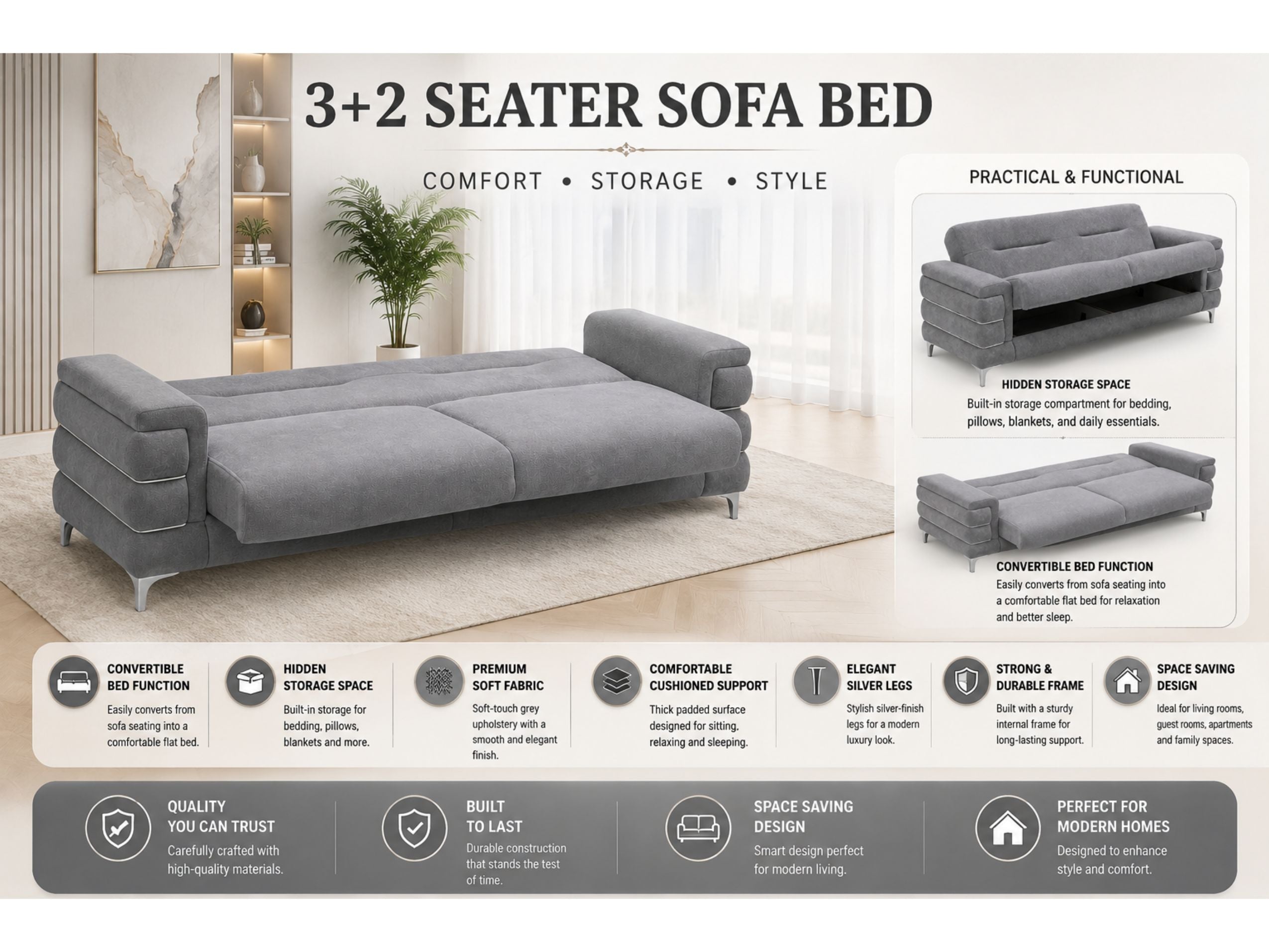 Grey Plush Velvet 3 Seater and 2 Seater Sofa Set – Modern Living Room Sofas UK