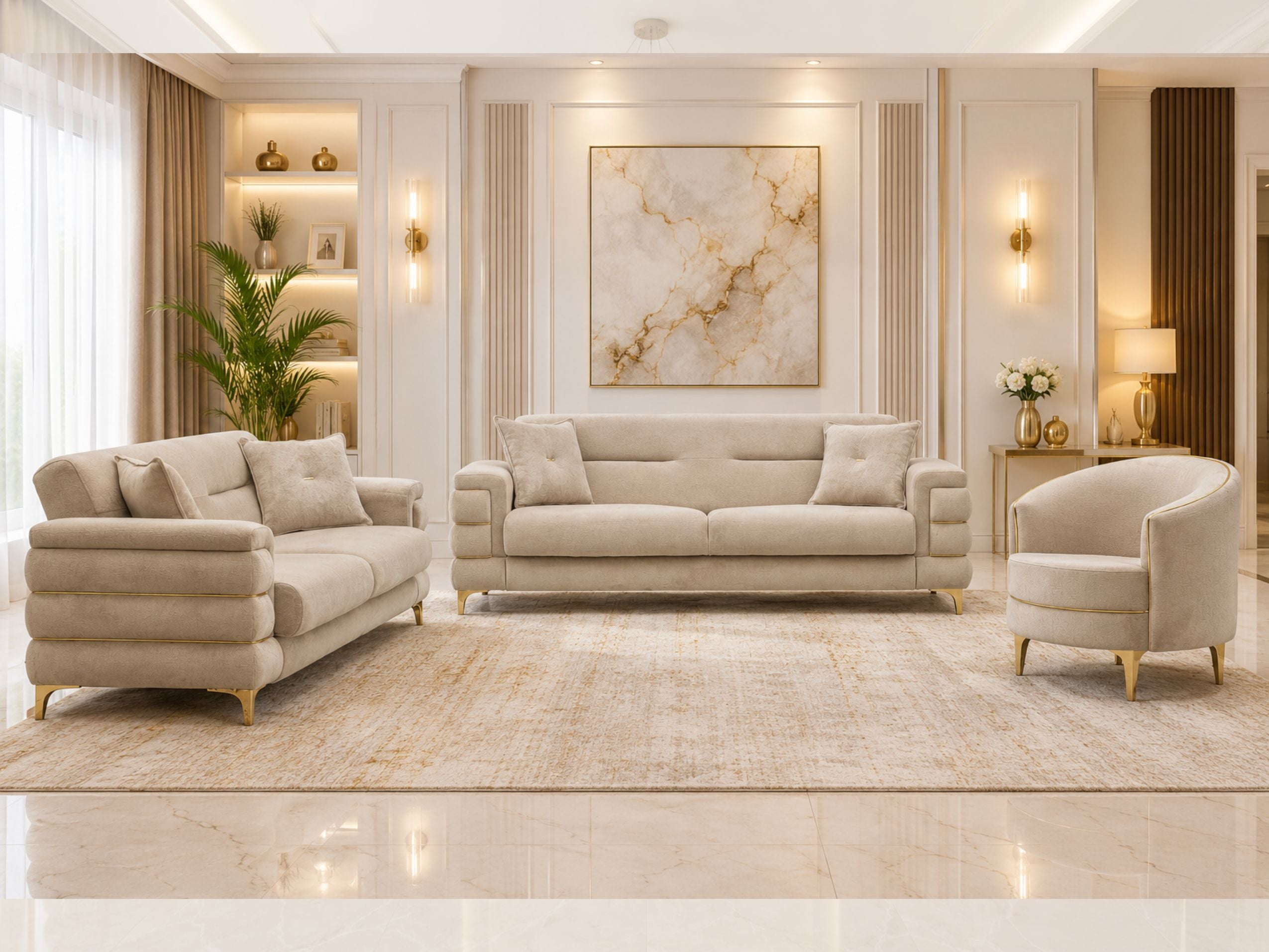 Bella – 3 Seater and 2 Seater with Armchair Handmade Sofa Set , Plush Velvet, Beige