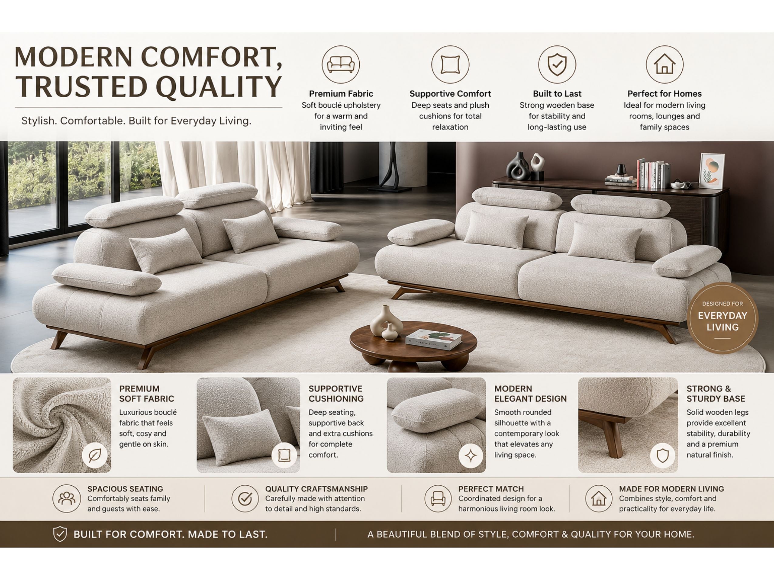 Monza- Premium Fabric Sofa, 3+3 & armchair Sofa Set