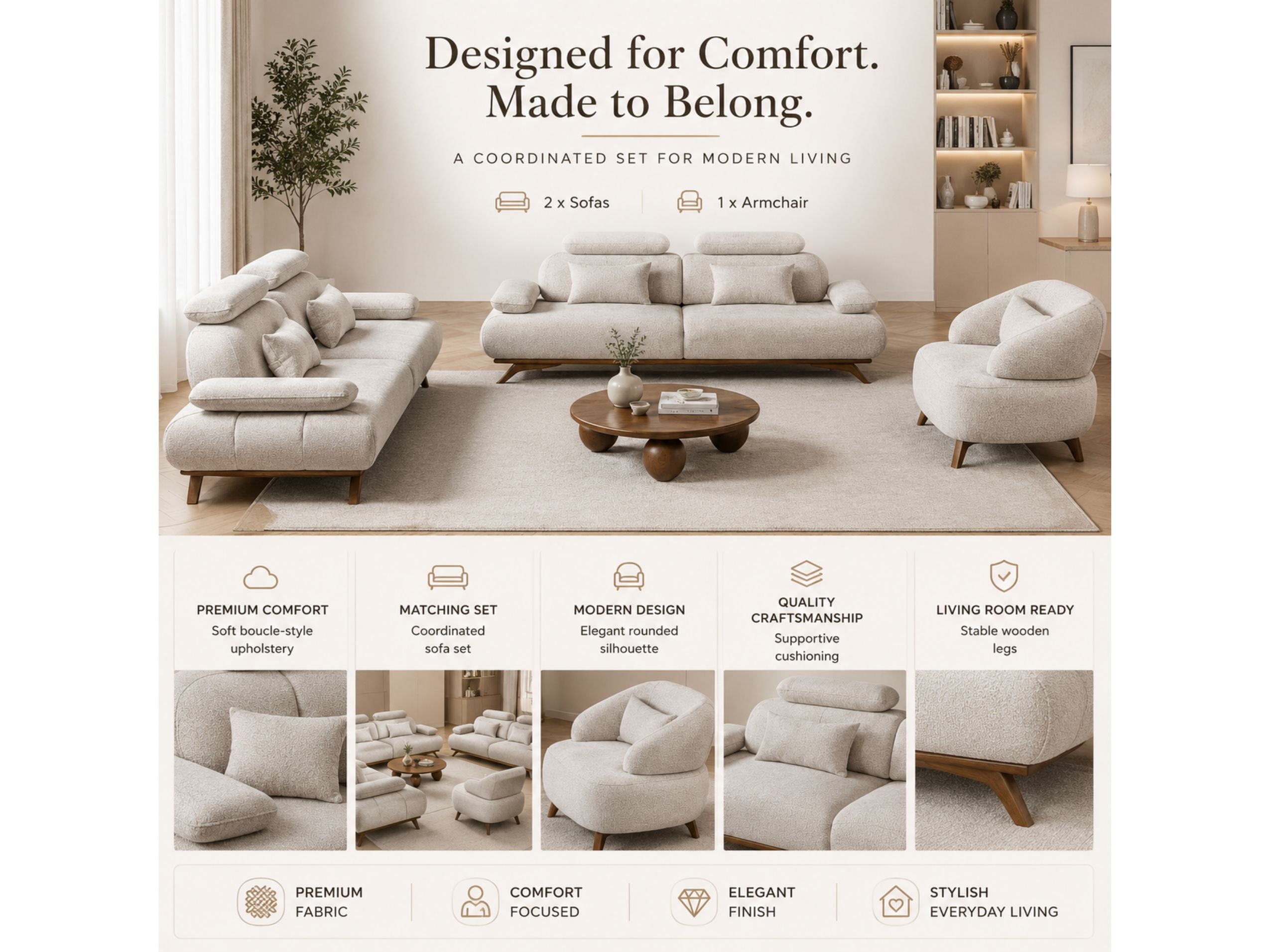 Monza- Premium Fabric Sofa, 3+3 & armchair Sofa Set