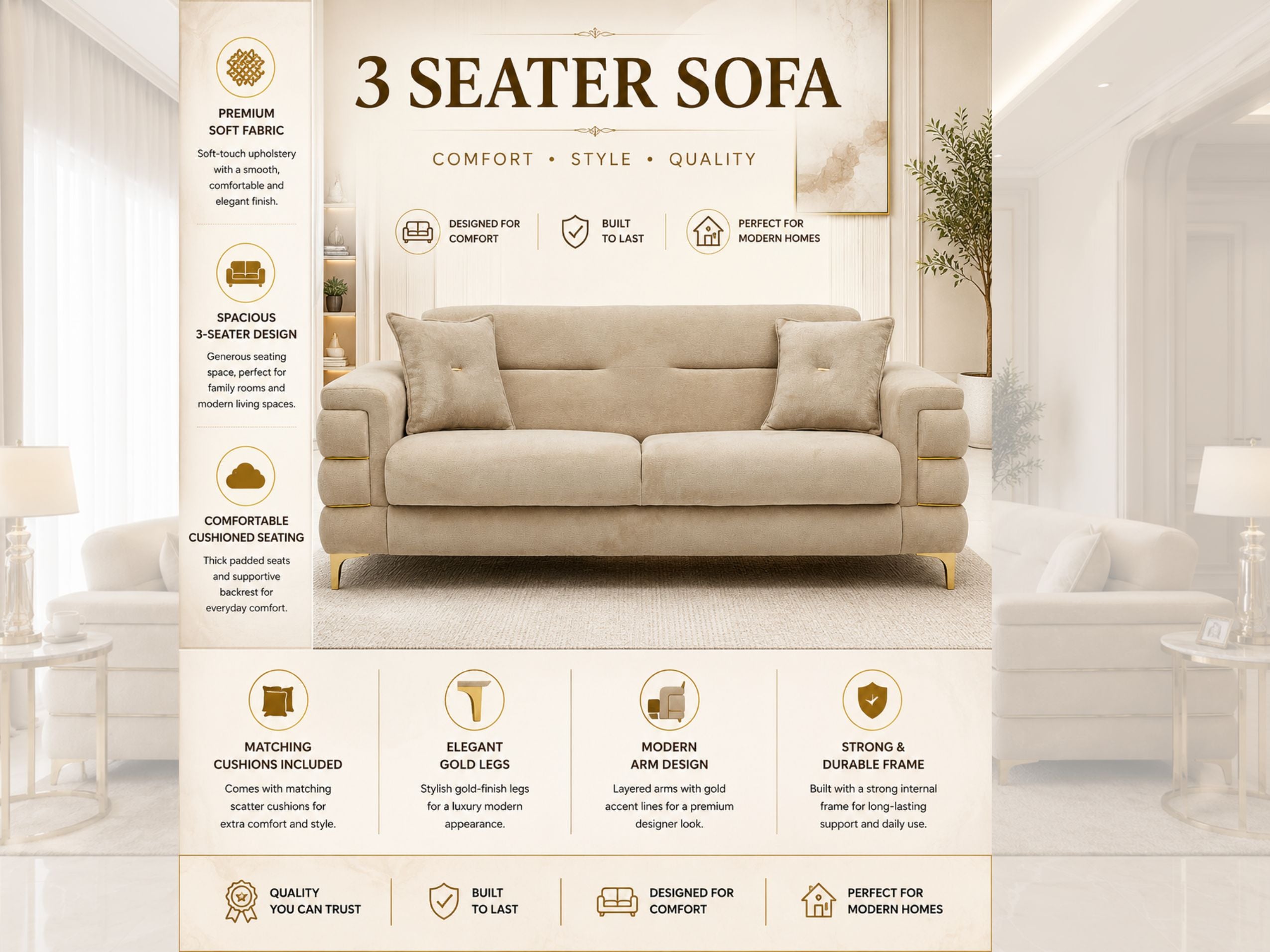 Beige Plush Velvet 3 Seater and 2 Seater Sofa Set – Modern Living Room Sofas UK