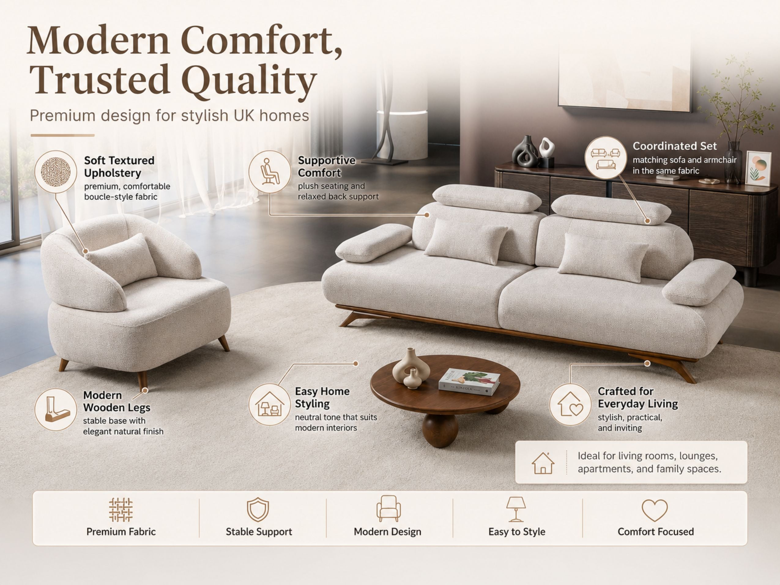 Monza- Premium Fabric Sofa, 3+3 & armchair Sofa Set
