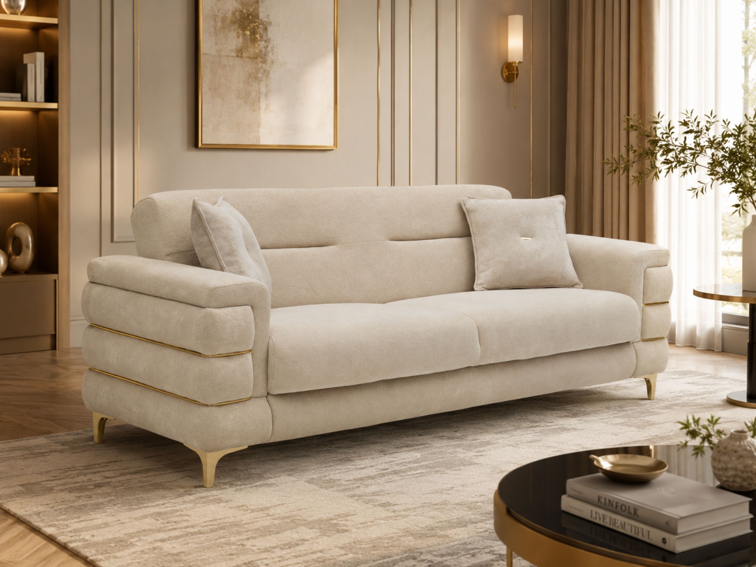 Beige Plush Velvet 3 Seater and 2 Seater Sofa Set – Modern Living Room Sofas UK