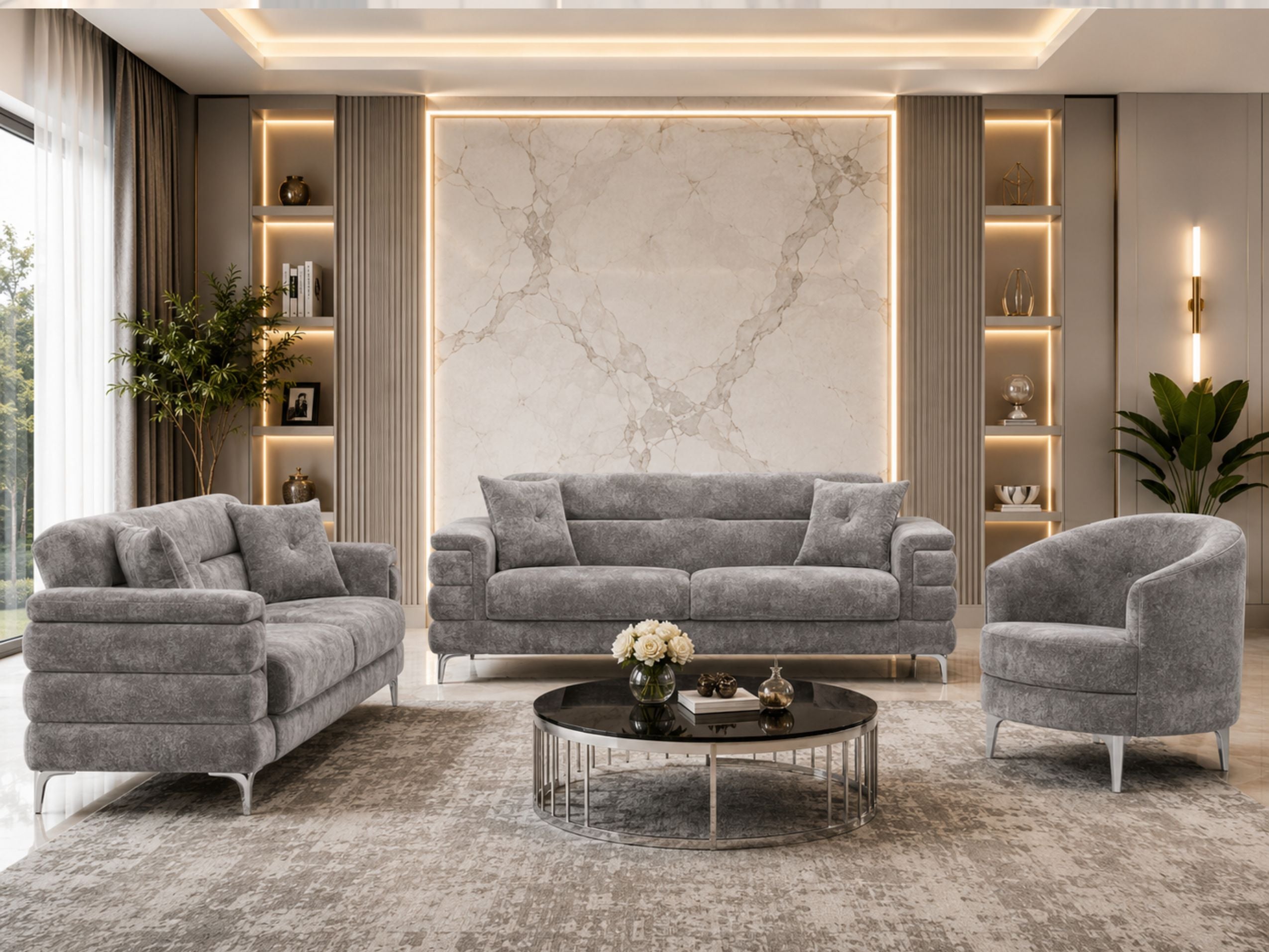 Bella – 3 Seater and 2 Seater with Armchair Handmade Sofa Set , Plush Velvet, Grey