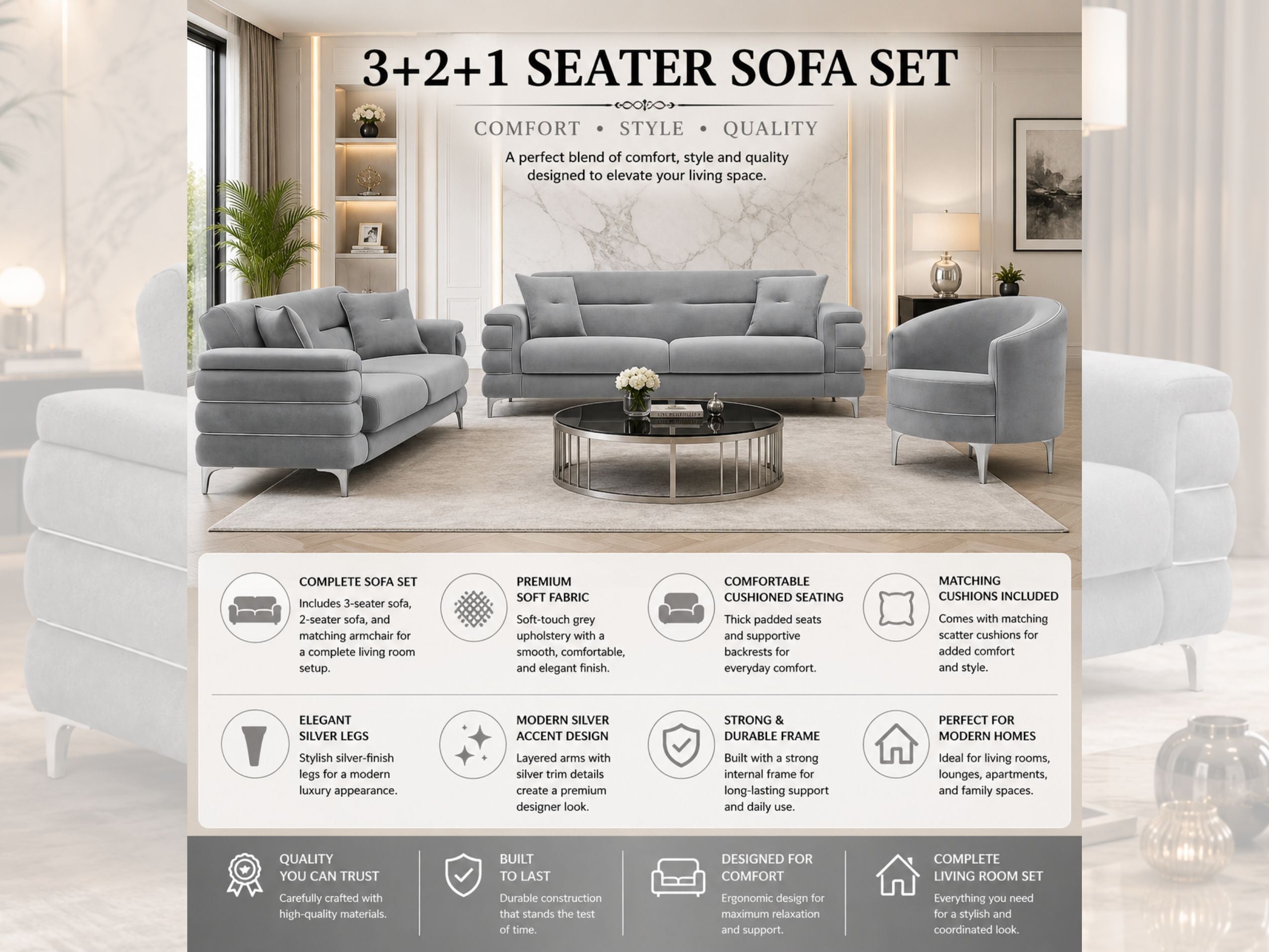 Bella – 3 Seater and 2 Seater with Armchair Handmade Sofa Set , Plush Velvet, Grey