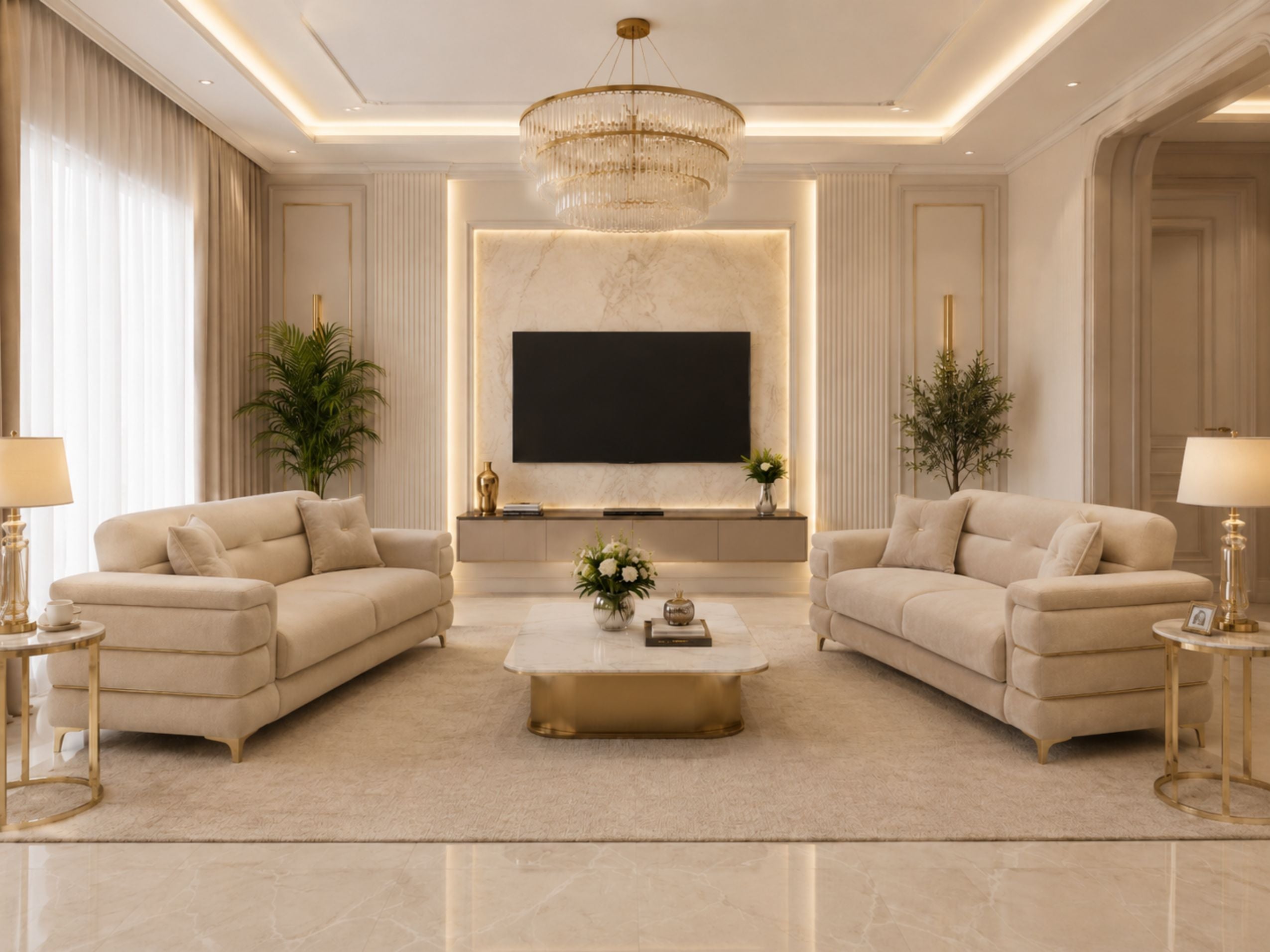 Beige Plush Velvet 3 Seater and 2 Seater Sofa Set – Modern Living Room Sofas UK