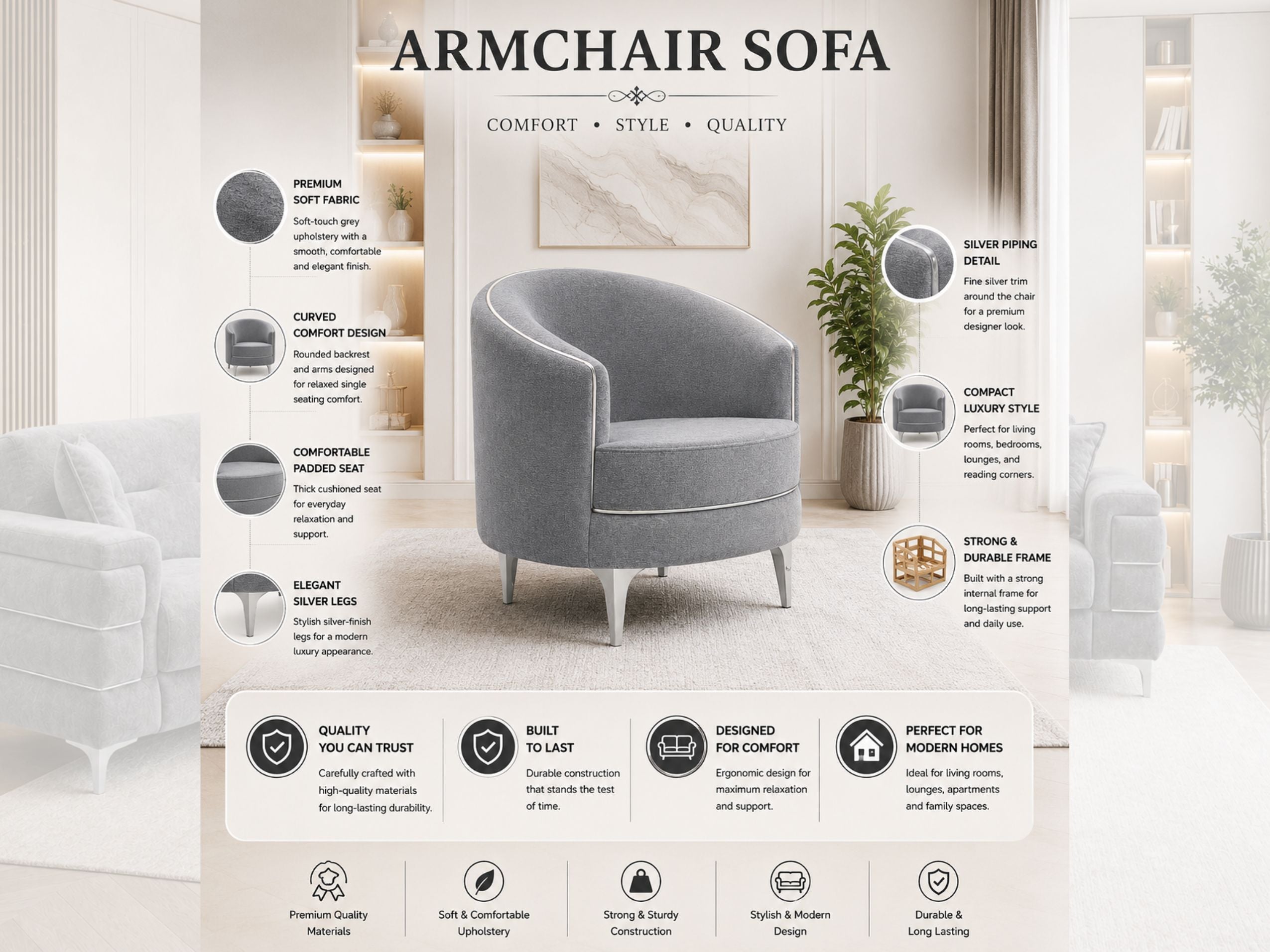 Bella – 3 Seater and 2 Seater with Armchair Handmade Sofa Set , Plush Velvet, Grey