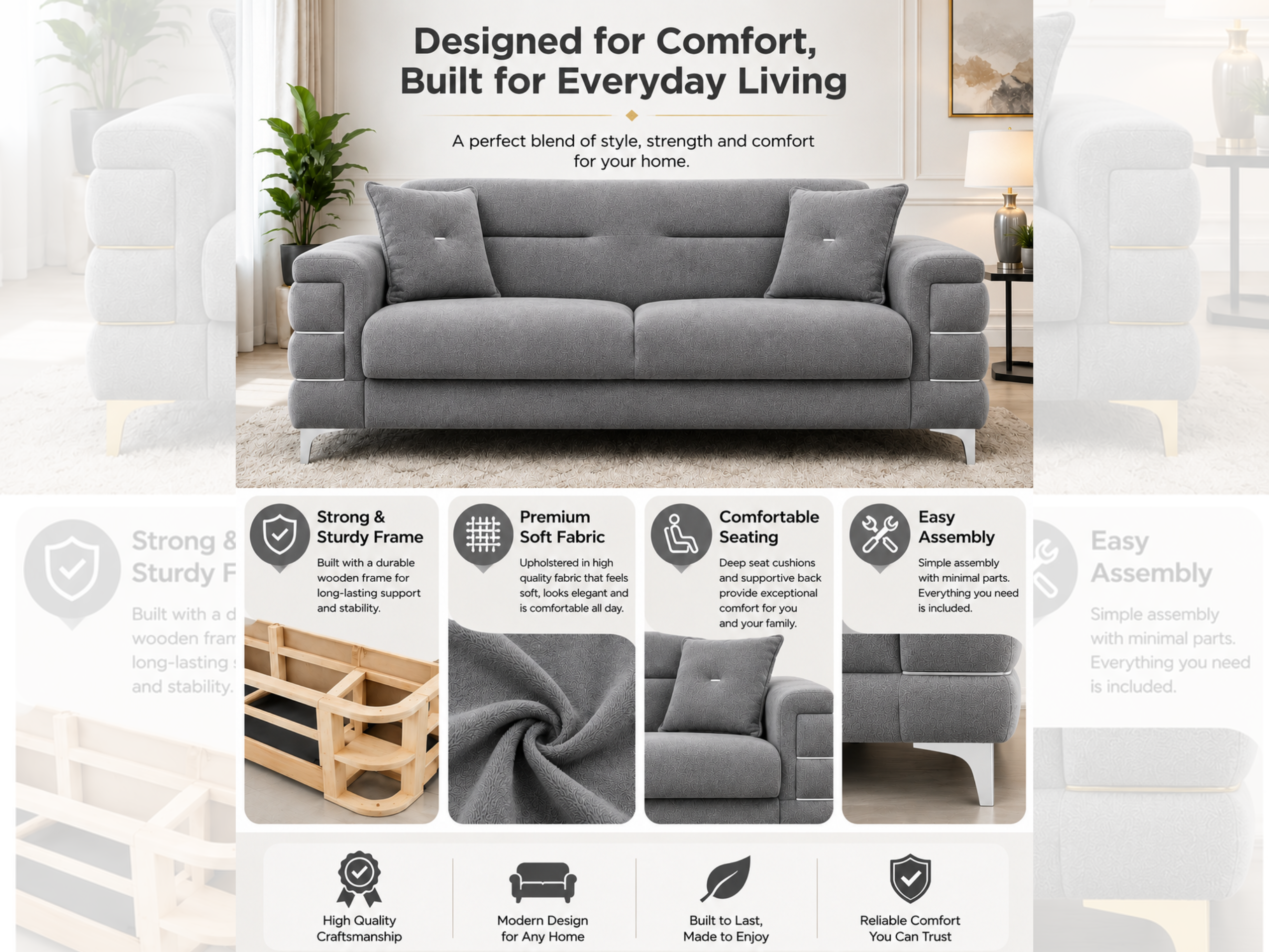 Grey Plush Velvet 3 Seater and 2 Seater Sofa Set – Modern Living Room Sofas UK