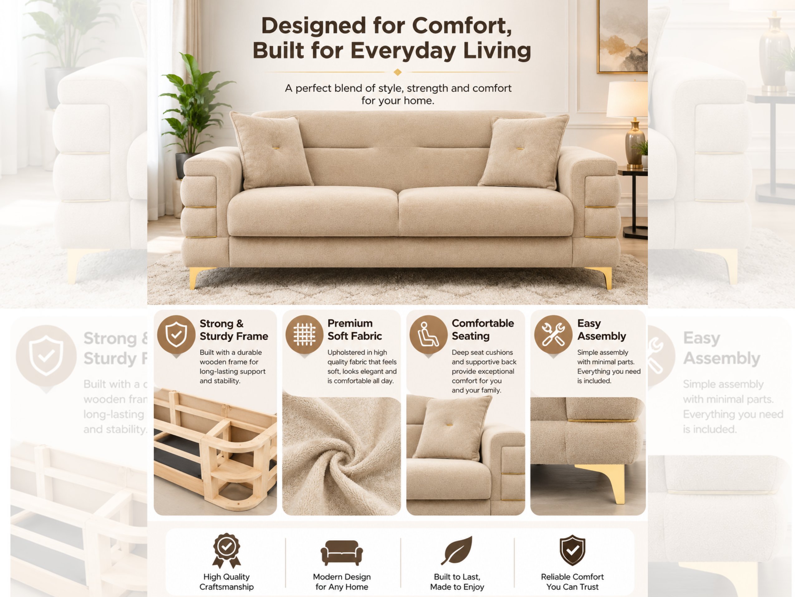 Beige Plush Velvet 3 Seater and 2 Seater Sofa Set – Modern Living Room Sofas UK