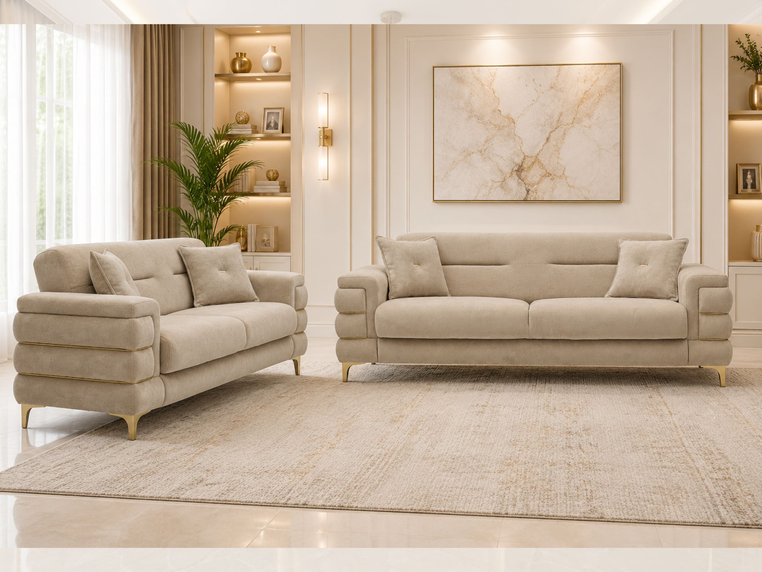 Beige Plush Velvet 3 Seater and 2 Seater Sofa Set – Modern Living Room Sofas UK