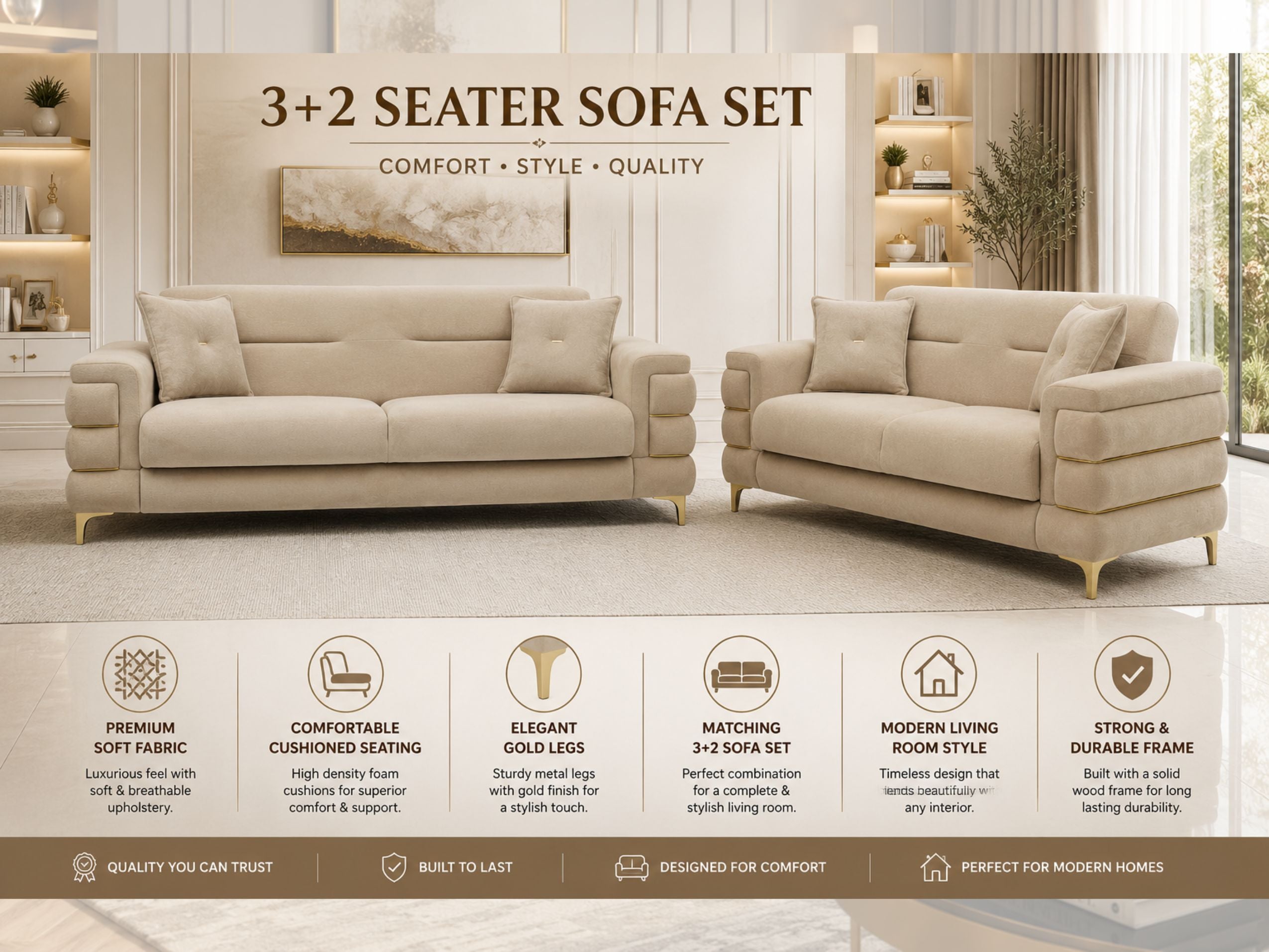 Beige Plush Velvet 3 Seater and 2 Seater Sofa Set – Modern Living Room Sofas UK