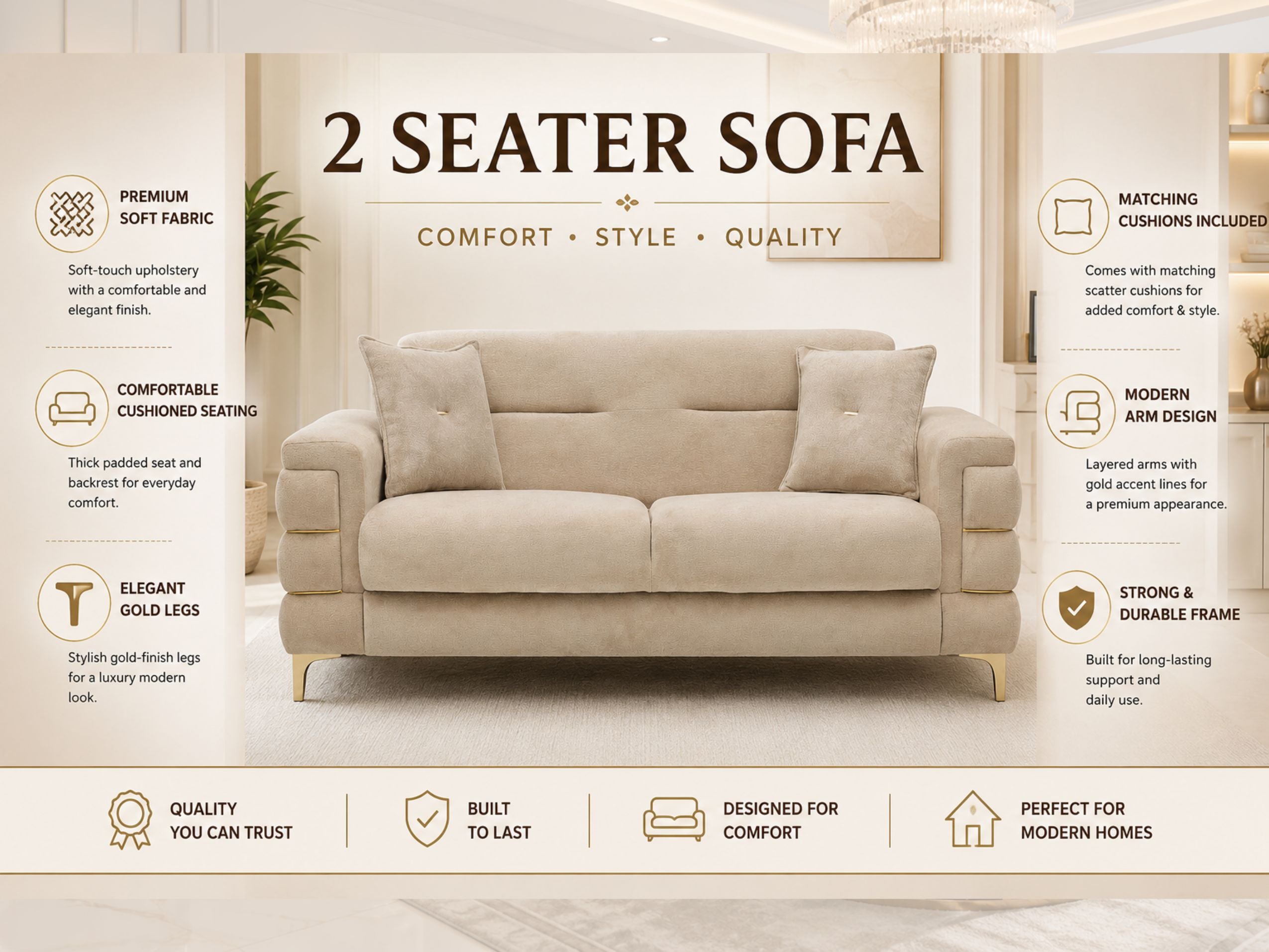 Beige Plush Velvet 3 Seater and 2 Seater Sofa Set – Modern Living Room Sofas UK