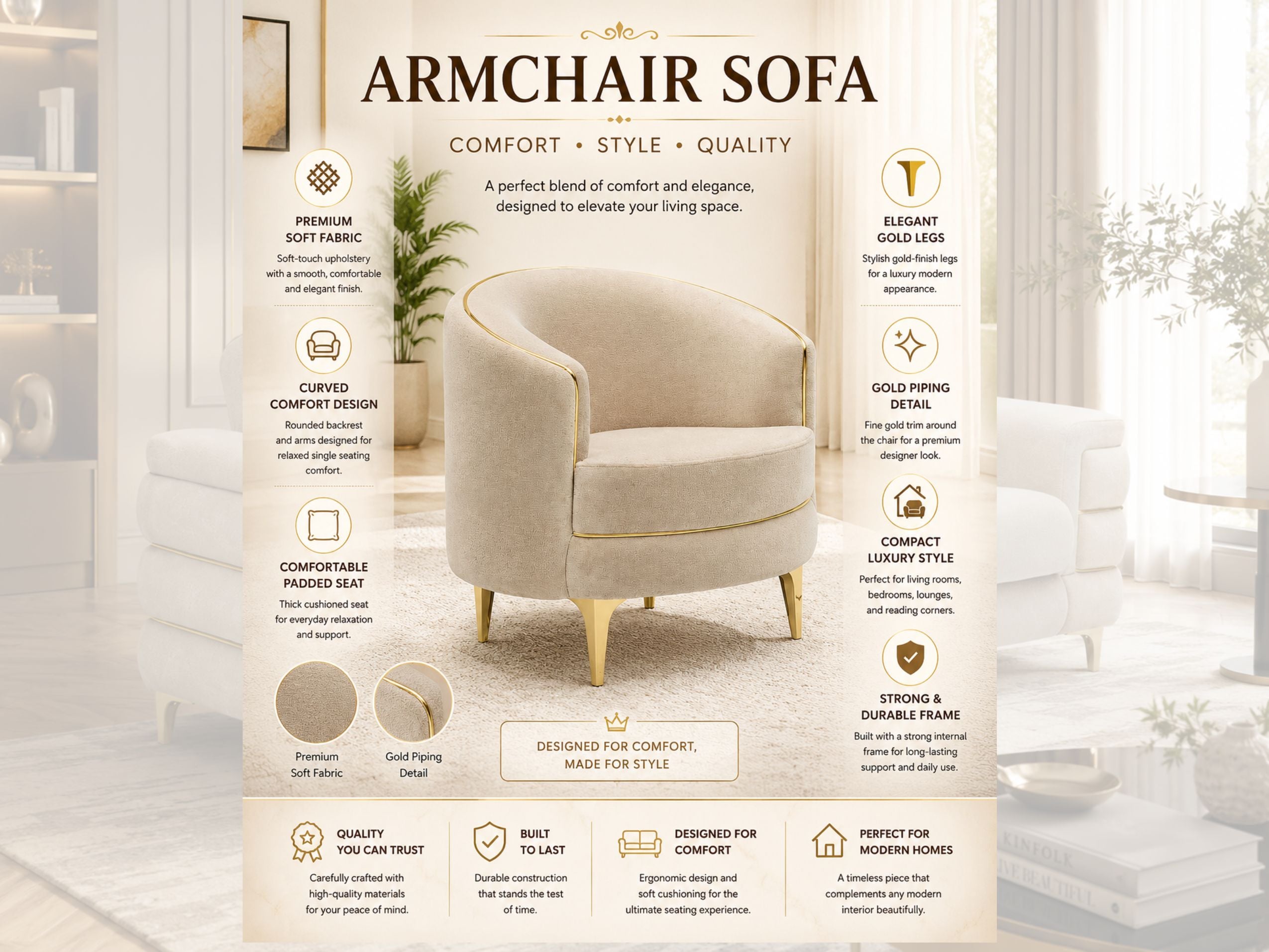 Bella – 3 Seater and 2 Seater with Armchair Handmade Sofa Set , Plush Velvet, Beige