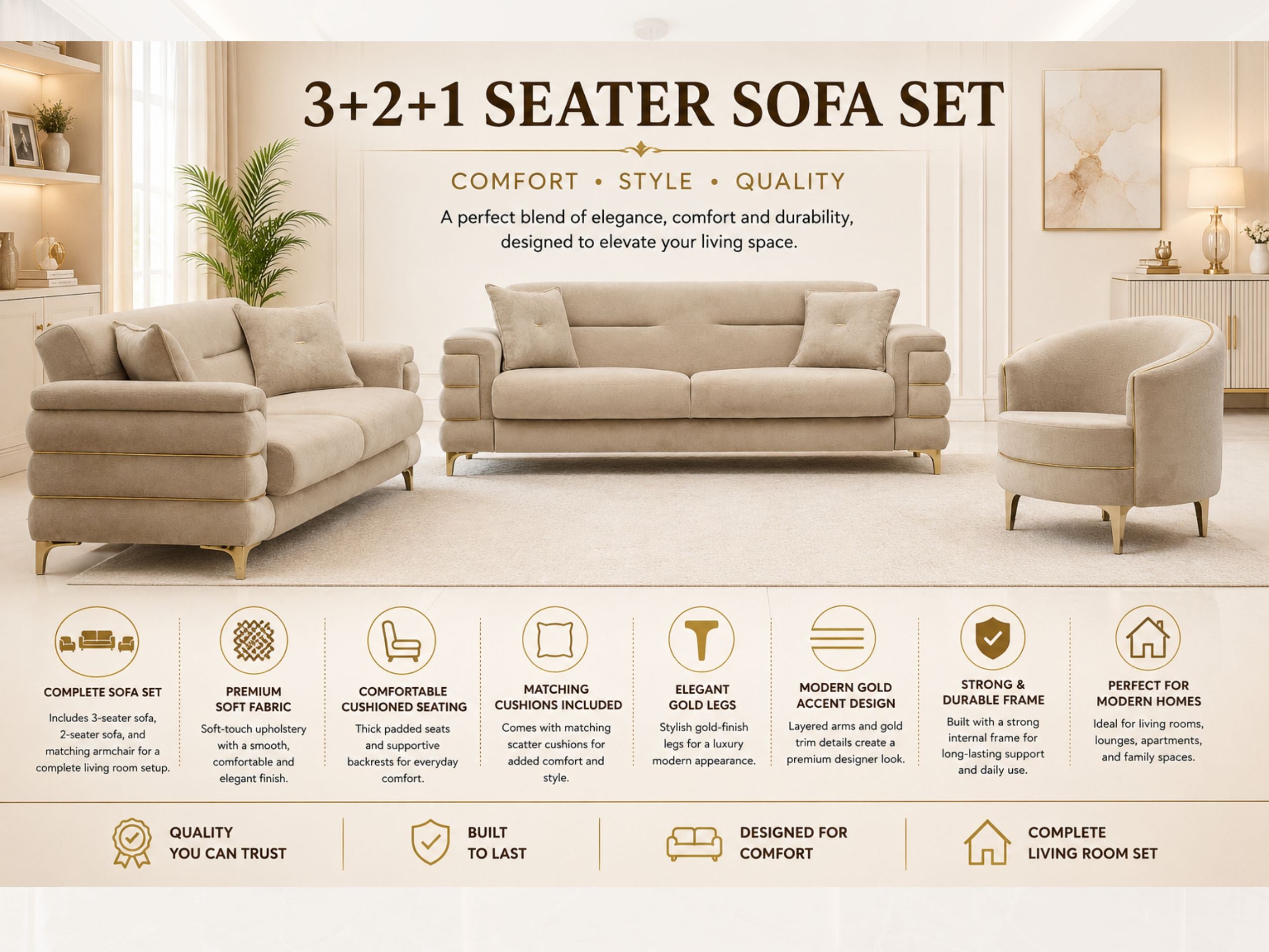 Bella – 3 Seater and 2 Seater with Armchair Handmade Sofa Set , Plush Velvet, Beige