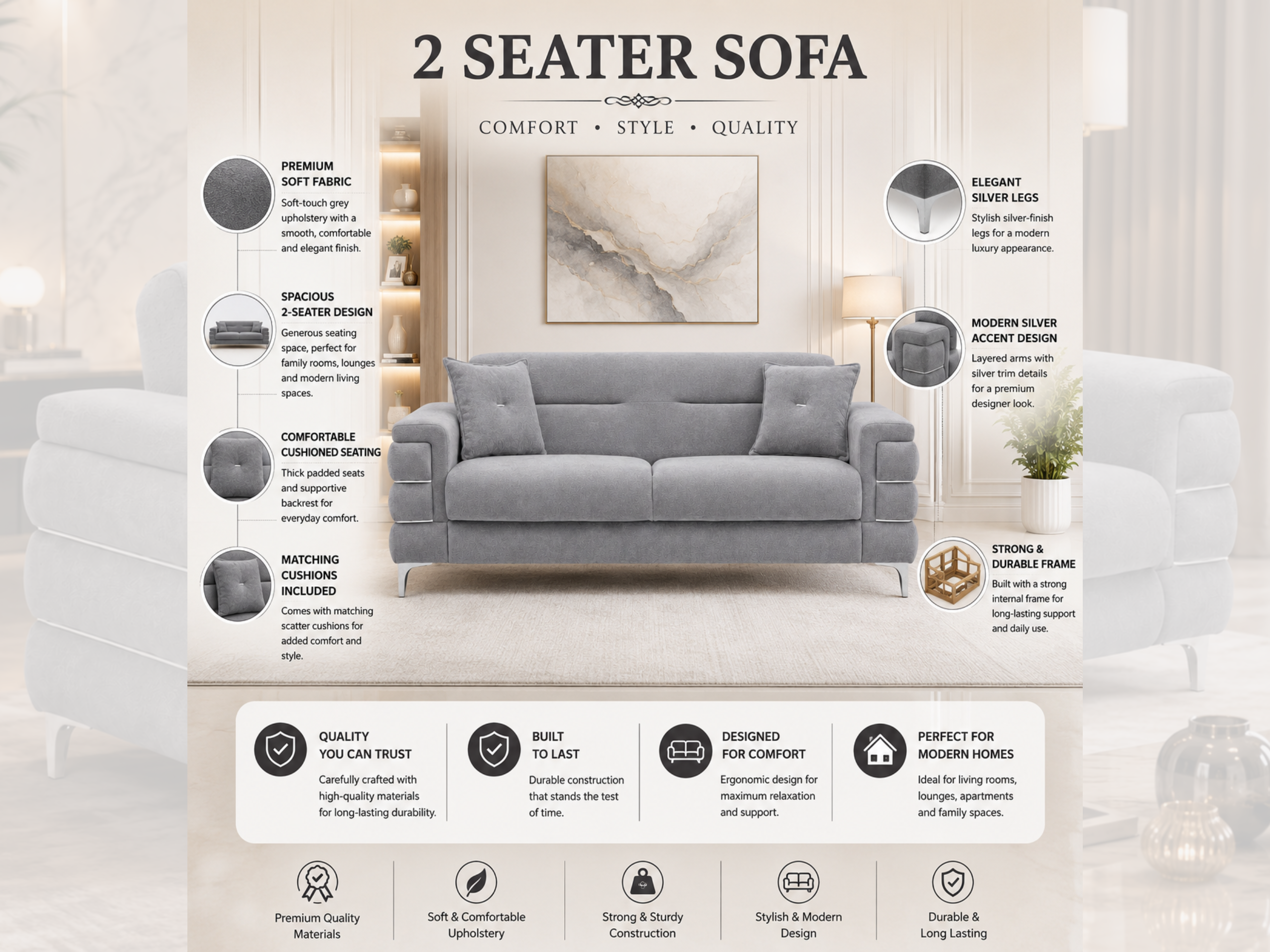 Grey Plush Velvet 3 Seater and 2 Seater Sofa Set – Modern Living Room Sofas UK