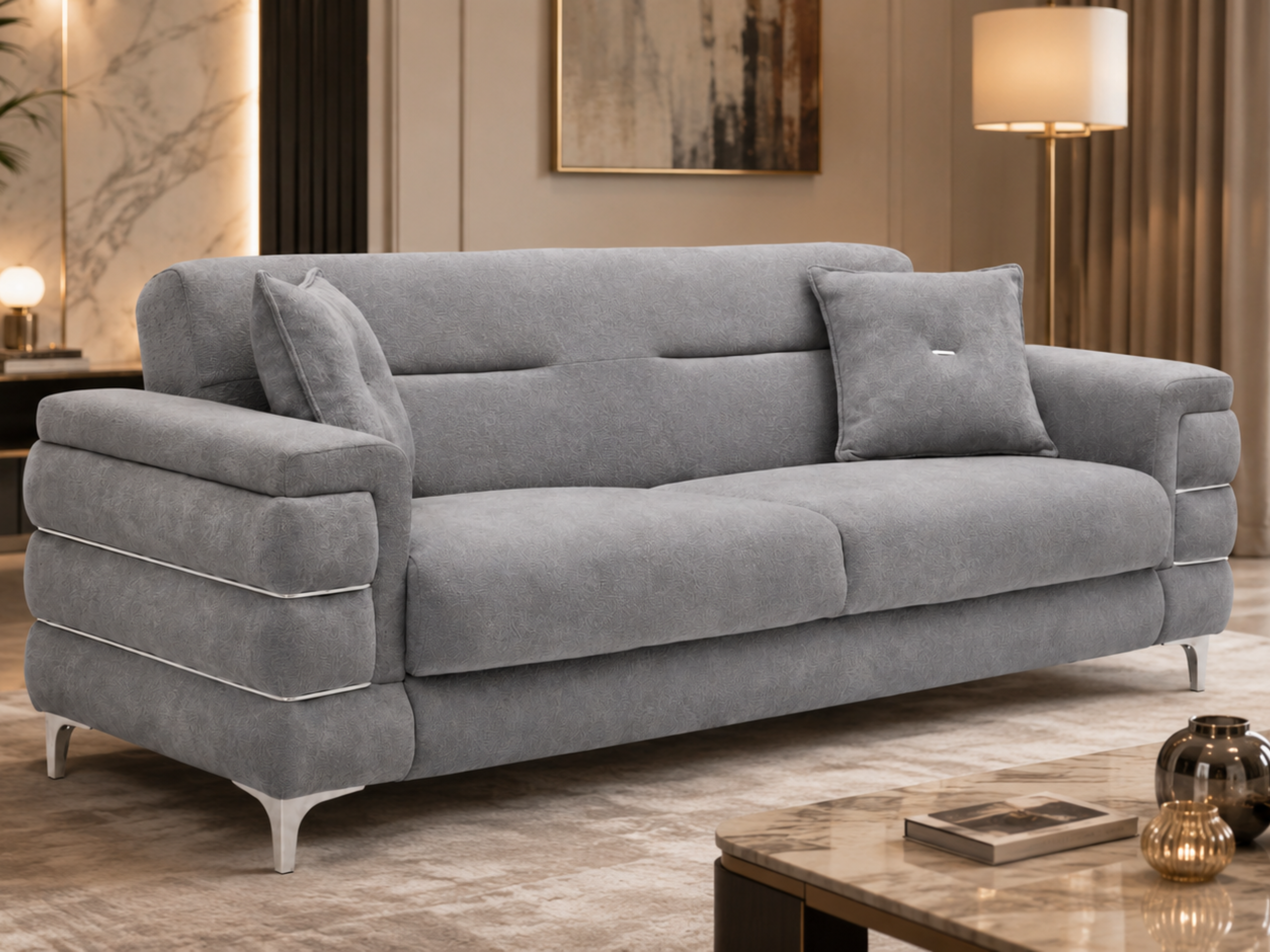 Grey Plush Velvet 3 Seater and 2 Seater Sofa Set – Modern Living Room Sofas UK